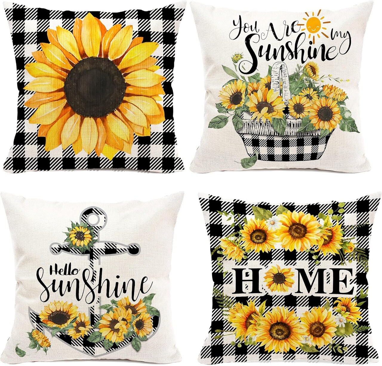 Decorative Sunflower Pillow Cover 18x18 Set of 4, Yellow Black Buffalo Plaid Throw Pillow Cover, Farmhouse Sunflower Decor for Home Outdoor Sofa Couch, Fall Flower Pillow case (No Insert)
